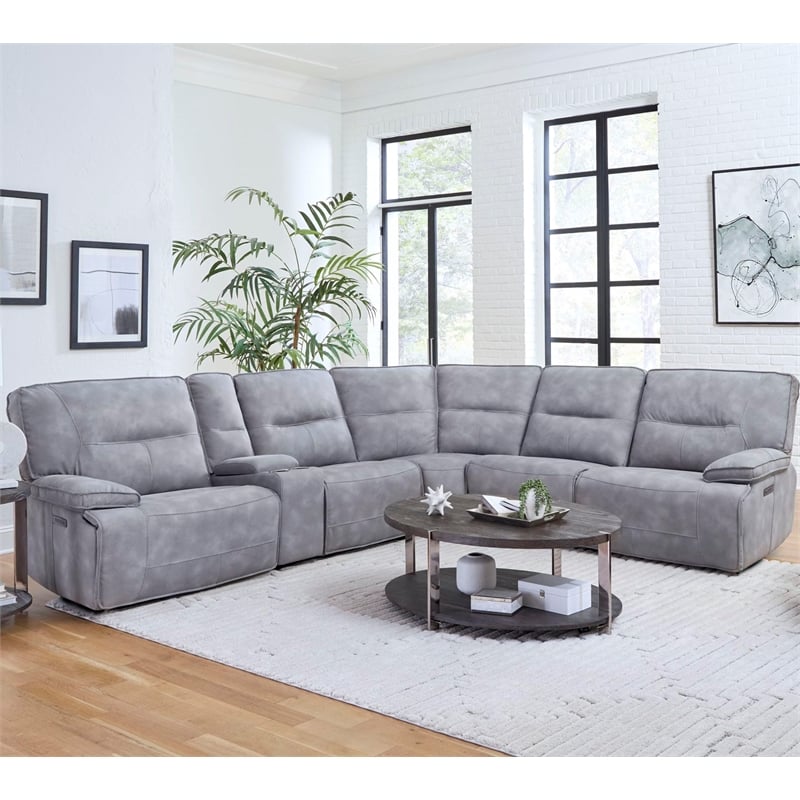 Parker Living Gladiator Faux Leather Power Reclining Sectional in Gray