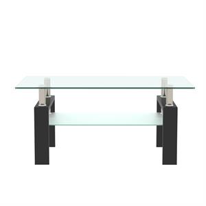 tansole 38.6 in. black rectangle glass coffee table with 2 tier storage space
