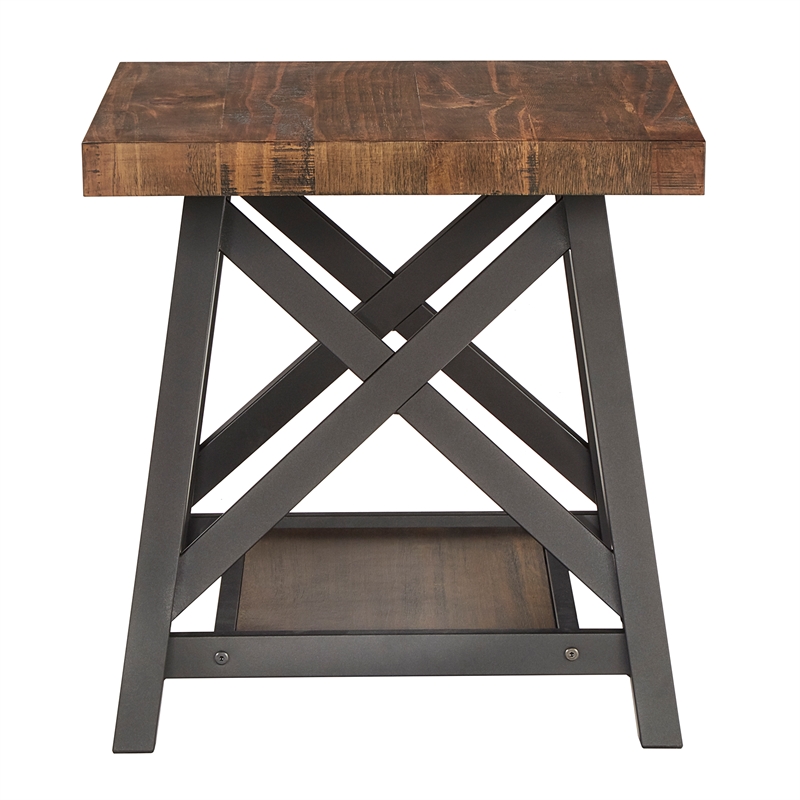 iNSPIRE Q X-Cross Base Modern Wood & Metal End Table with Shelf in Brown