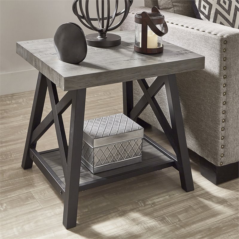 iNSPIRE Q X-Cross Base Modern Wood & Metal End Table with Shelf in Gray