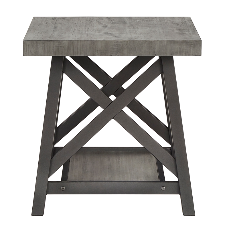 iNSPIRE Q X-Cross Base Modern Wood & Metal End Table with Shelf in Gray