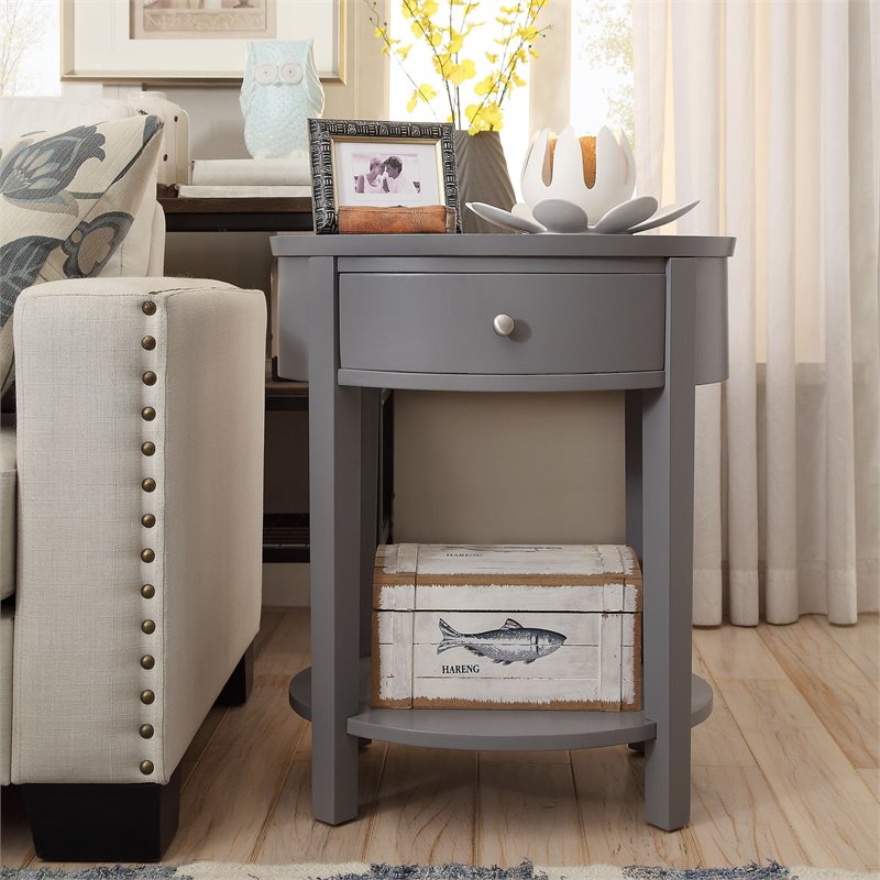 iNSPIRE Q 1-Drawer Oval Modern Wood End Table with Shelf in Frost Gray
