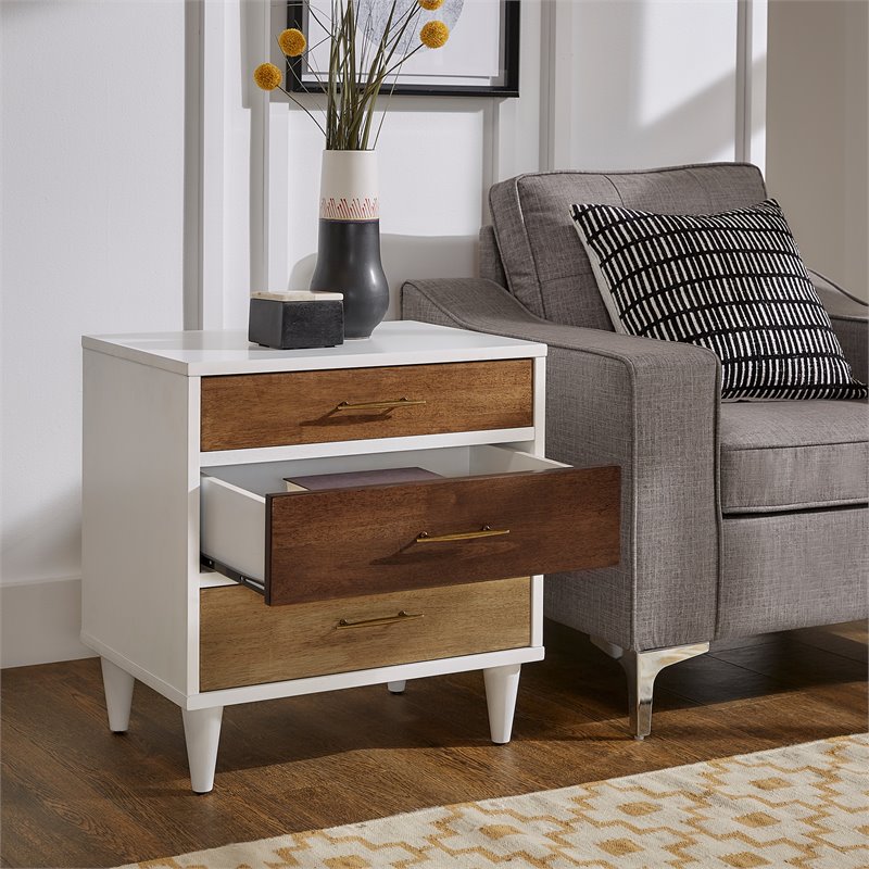 iNSPIRE Q 3-Drawer Modern Wood & Metal Nightstand in White/Natural