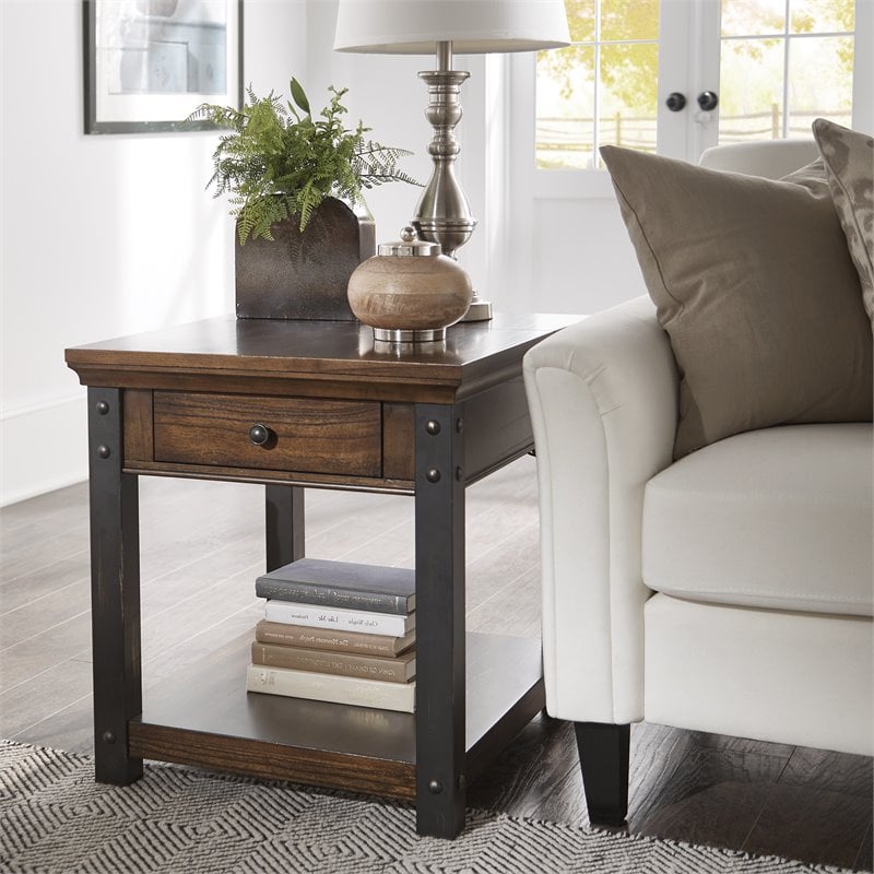 iNSPIRE Q 1-Drawer Traditional Wood & Metal End Table in Red Cherry