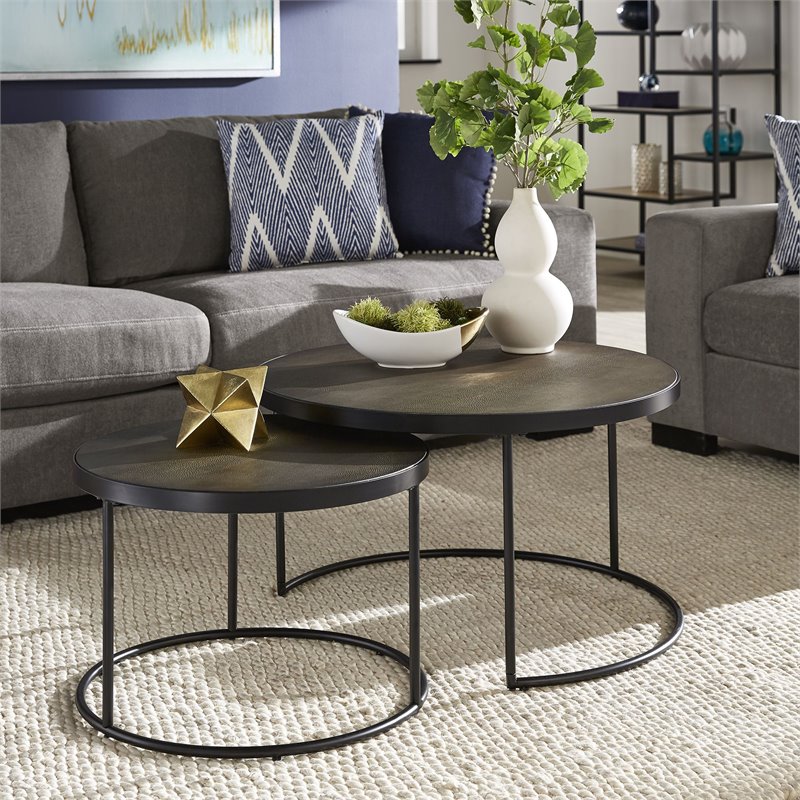 iNSPIRE Q Round Faux Stingray & Wood Nesting Coffee Table in Black