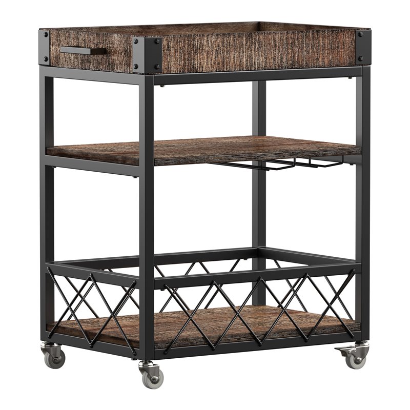 iNSPIRE Q Wood Bar Cart with Wine Inserts & Removable Tray Top in Brown/Black