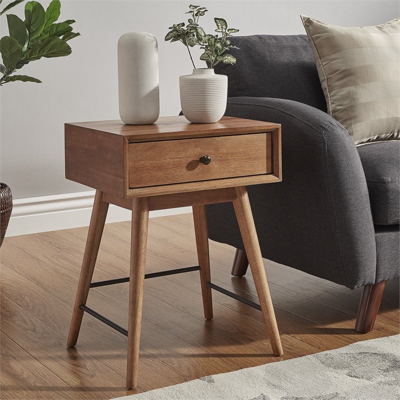 iNSPIRE Q 1-Drawer Modern Solid Rubberwood & Metal End Table in Brown