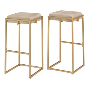 iNSPIRE Q 30&quotH Button Tufted Modern Metal & Velvet Bar Stool in Beige (Set of 2)