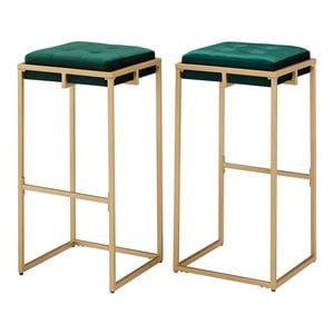 iNSPIRE Q 30&quotH Button Tufted Modern Metal & Velvet Bar Stool in Green (Set of 2)