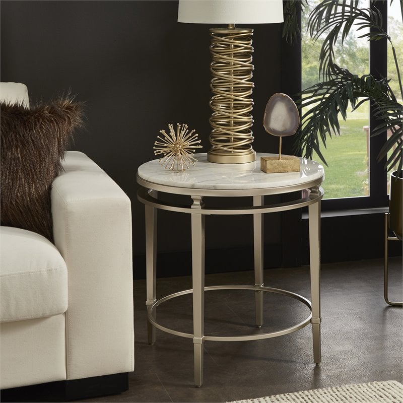 iNSPIRE Q Round Marble Top Modern Metal End Table in Champagne Silver