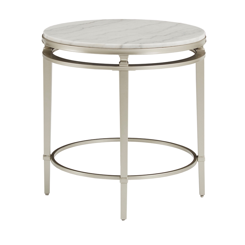 iNSPIRE Q Round Marble Top Modern Metal End Table in Champagne Silver