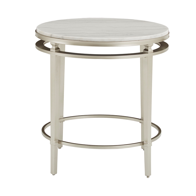 iNSPIRE Q Round Marble Top Modern Metal End Table in Champagne Silver