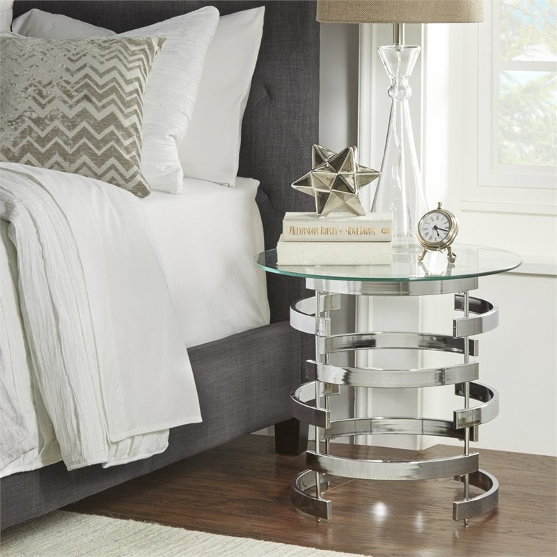 iNSPIRE Q Vortex Base Modern Metal & Glass End Table in Silver/Clear