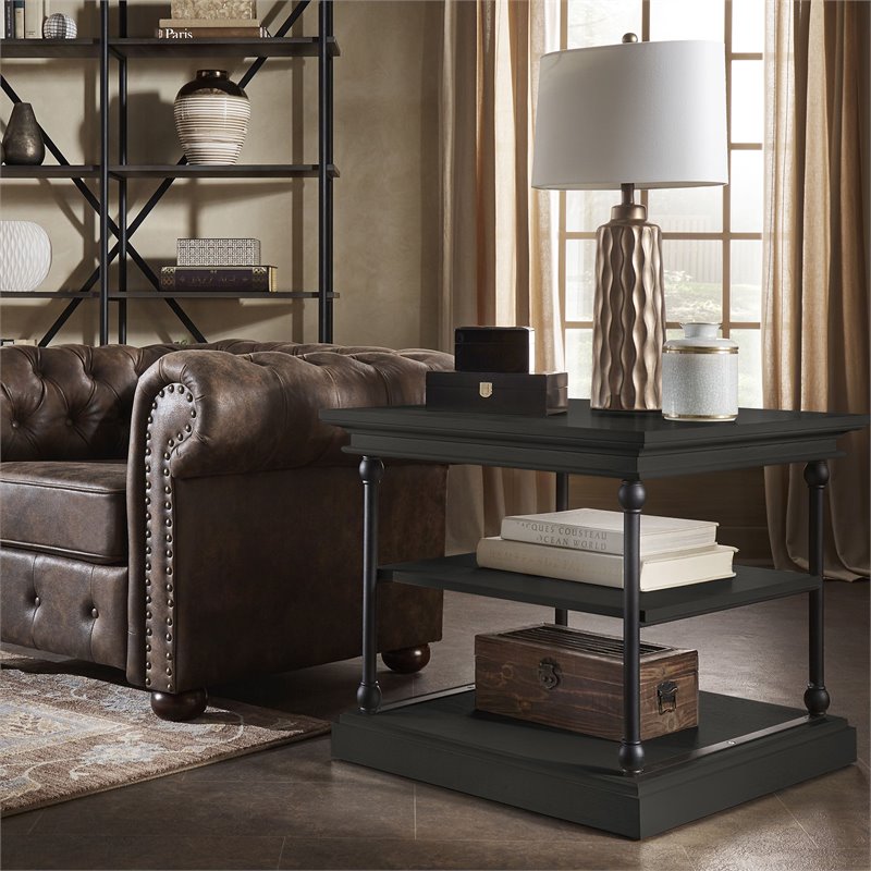 iNSPIRE Q Cornice Storage Transitional Metal & Wood Accent Table in Black