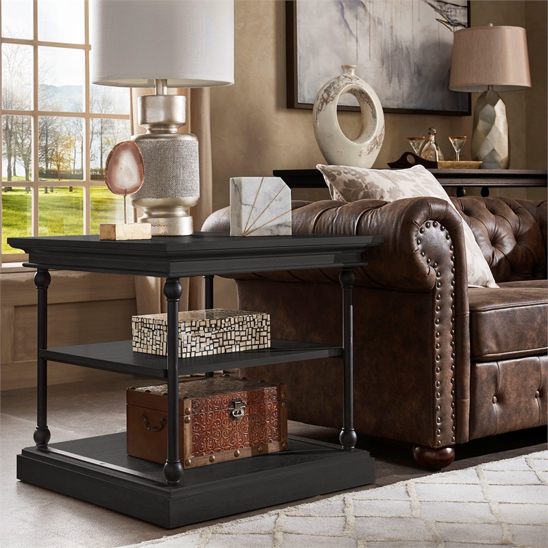 iNSPIRE Q Cornice Storage Transitional Metal & Wood Accent Table in Black