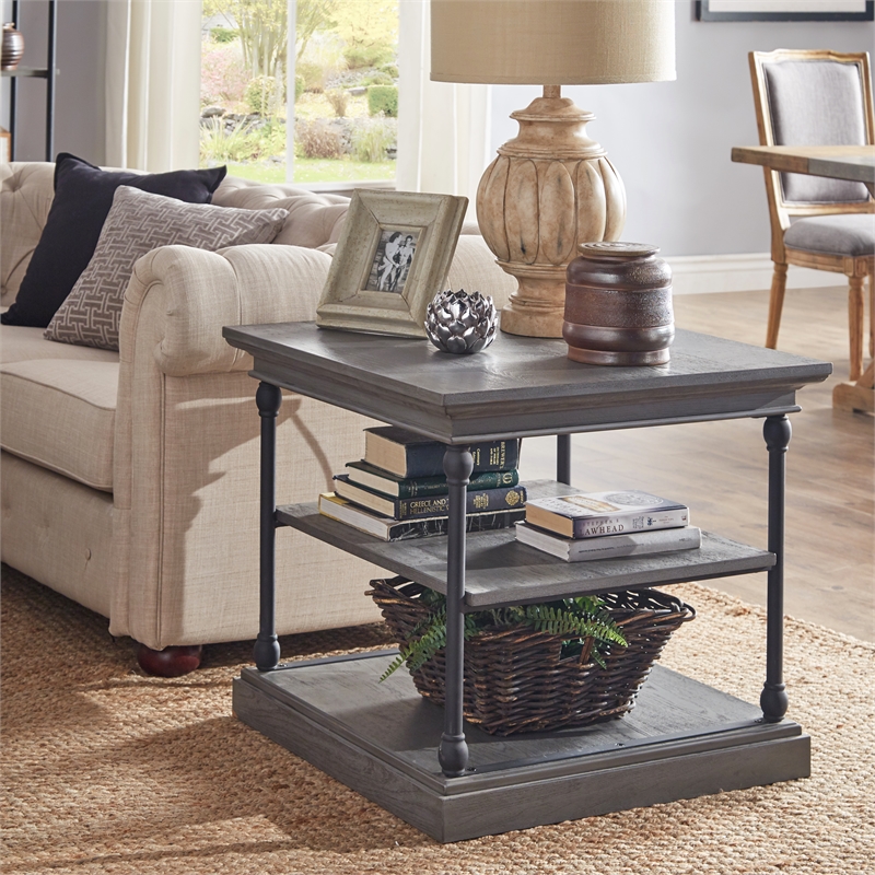 iNSPIRE Q Cornice Storage Transitional Metal & Wood Accent Table in Gray