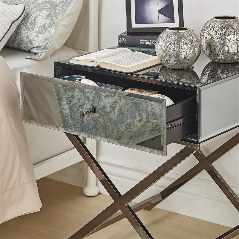 iNSPIRE Q Beveled Mirror & Metal Accent Campaign Table in Black Nickel