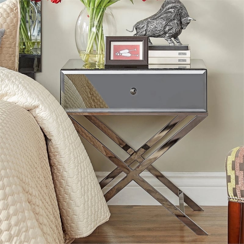 iNSPIRE Q Beveled Mirror & Metal Accent Campaign Table in Black Nickel