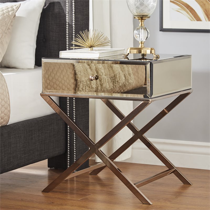 iNSPIRE Q Beveled Mirror & Metal Accent Campaign Table in Champagne Gold