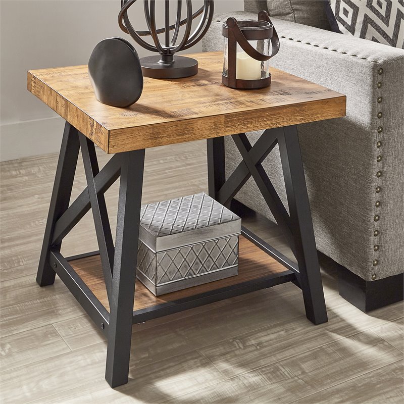 iNSPIRE Q X-Cross Base Metal & Wood End Table in Oak Brown/Black