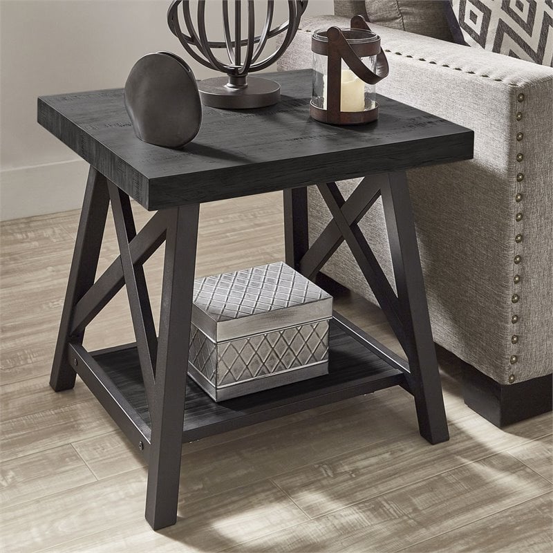 iNSPIRE Q X-Cross Base Modern Wood & Metal End Table with Shelf in Black