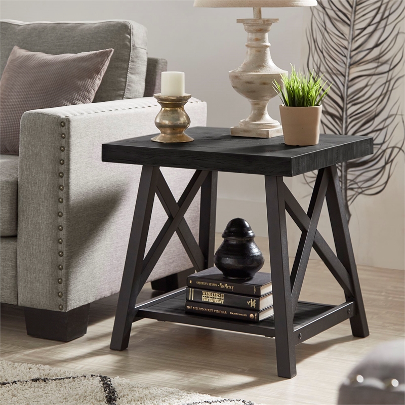 iNSPIRE Q X-Cross Base Modern Wood & Metal End Table with Shelf in Black