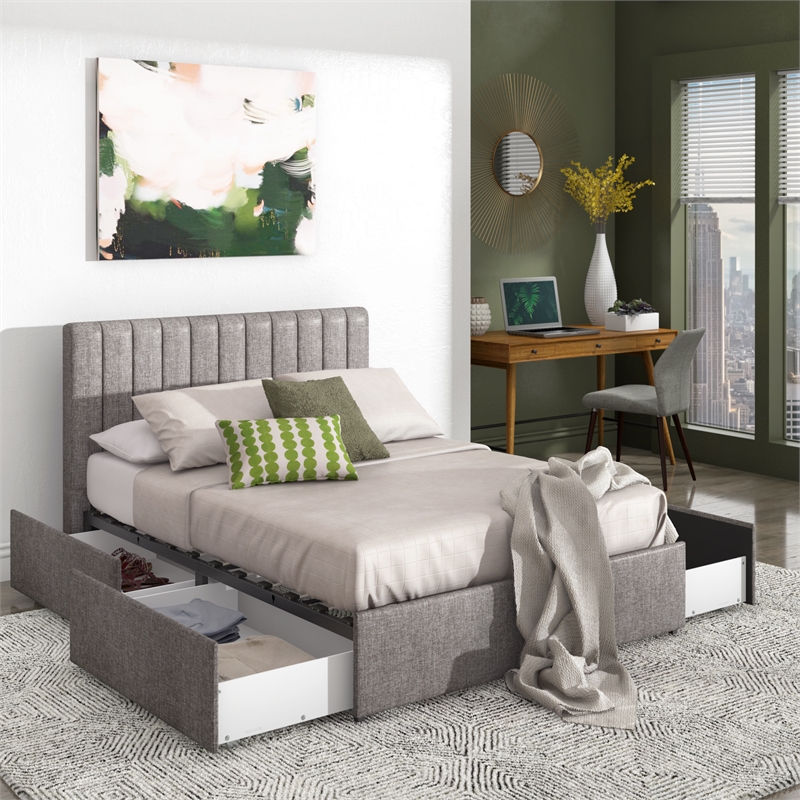 iNSPIRE Q Full Upholstered Storage Platform Bed with Channel Headboard in Gray