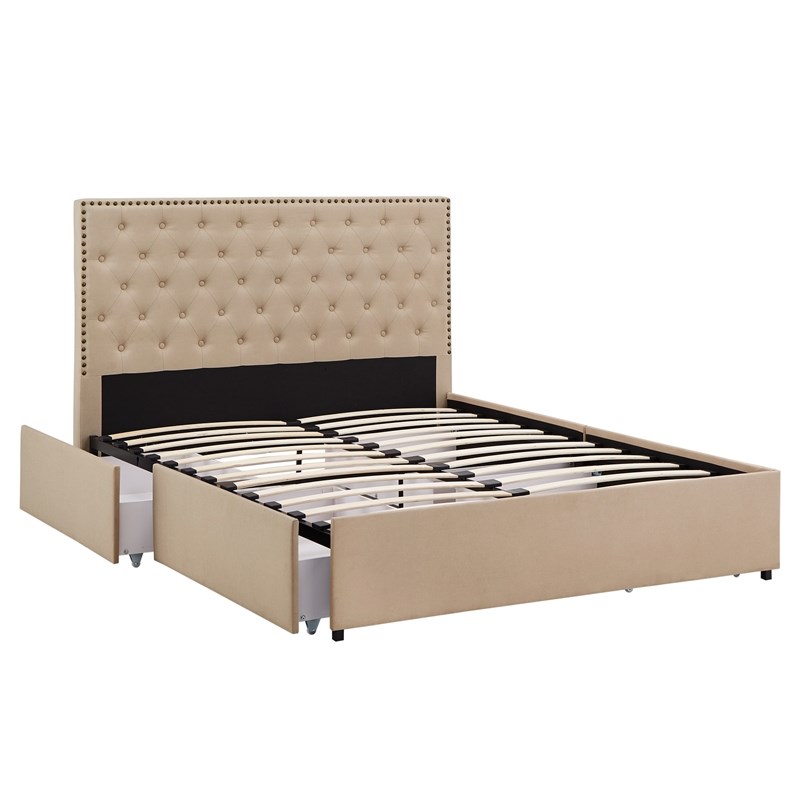 iNSPIRE Q Queen Size Nailhead Linen Headboard Storage Platform Bed in Beige