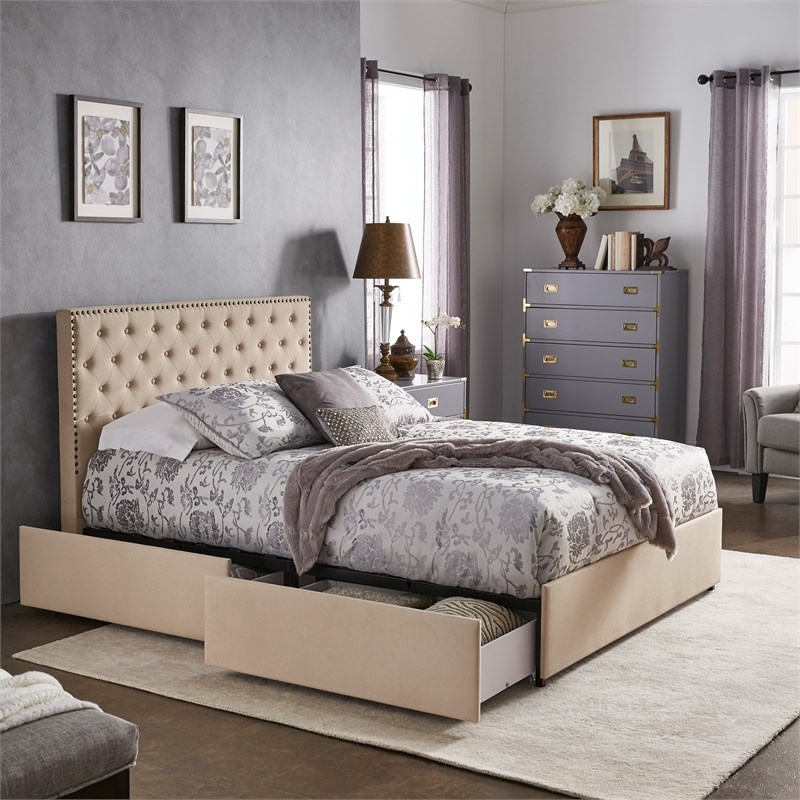 iNSPIRE Q Queen Size Nailhead Linen Headboard Storage Platform Bed in Beige