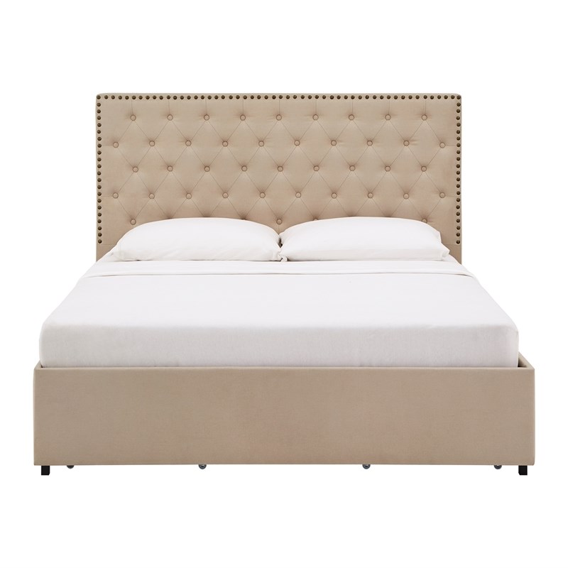 iNSPIRE Q Queen Size Nailhead Linen Headboard Storage Platform Bed in Beige
