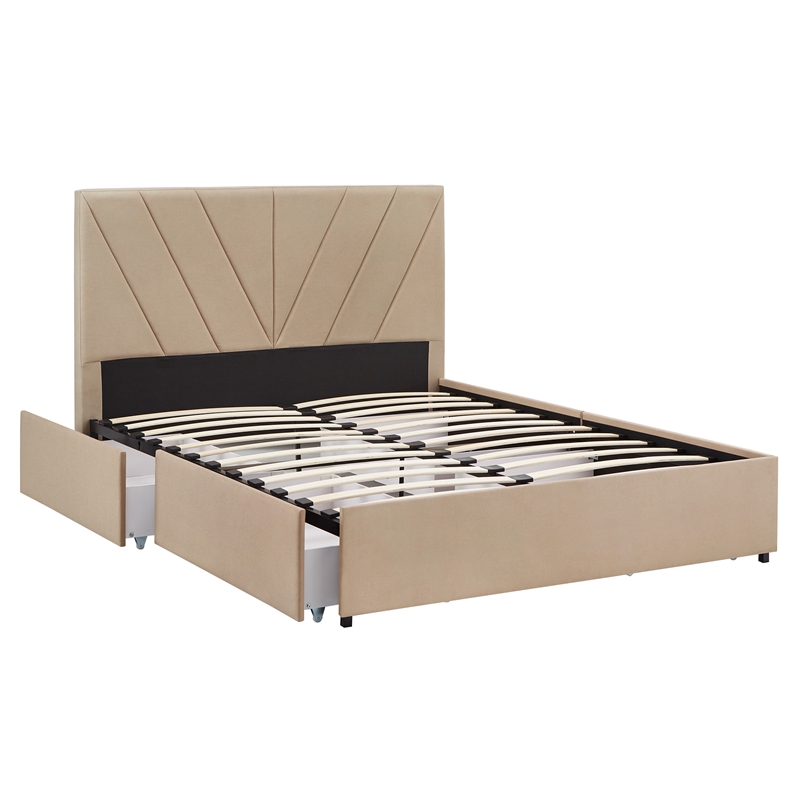iNSPIRE Q Queen Size Metal Wood V-Channel Headboard Storage Platform Bed - Beige