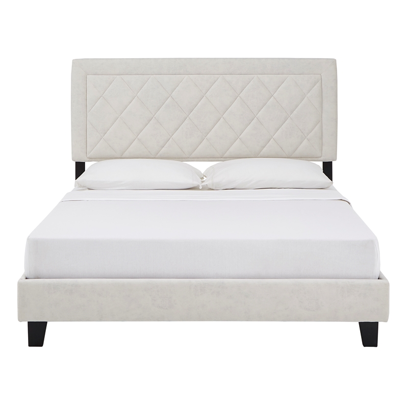 iNSPIRE Q Queen Size Metal Wood and Velvet Fabric Platform Bed in Cream White