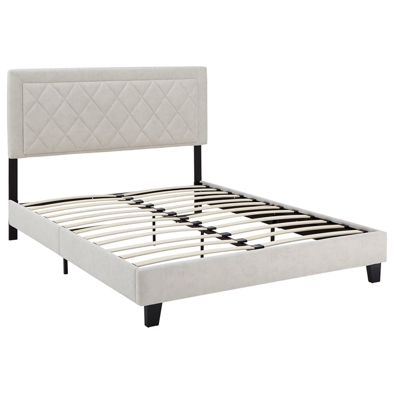 iNSPIRE Q Queen Size Metal Wood and Velvet Fabric Platform Bed in Cream White