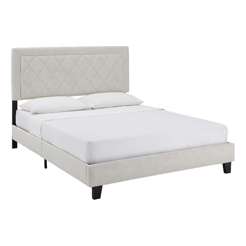 iNSPIRE Q Queen Size Metal Wood and Velvet Fabric Platform Bed in Cream White