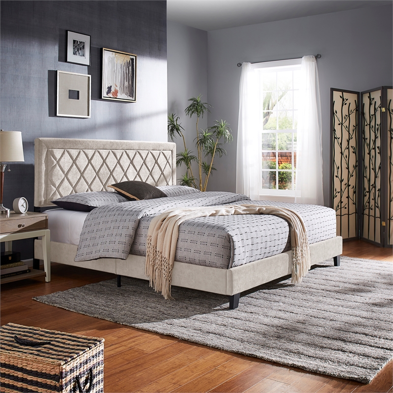iNSPIRE Q King Size Metal Wood and Velvet Fabric Platform Bed in Cream White