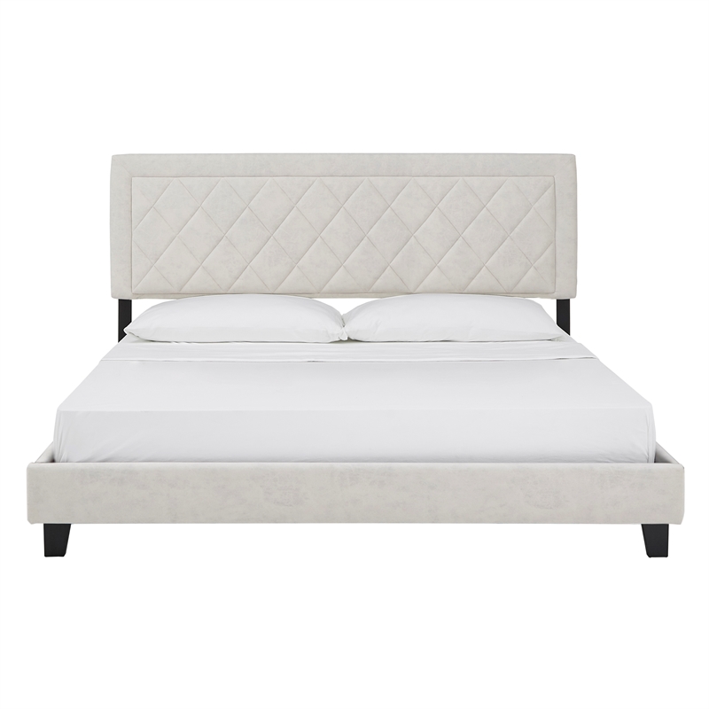 iNSPIRE Q King Size Metal Wood and Velvet Fabric Platform Bed in Cream White