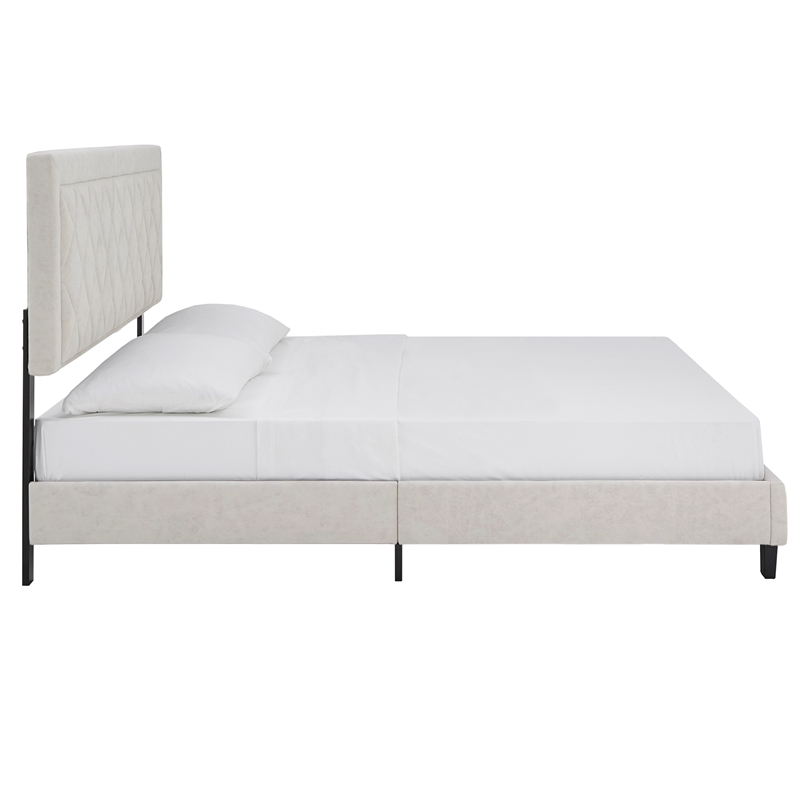 iNSPIRE Q King Size Metal Wood and Velvet Fabric Platform Bed in Cream White