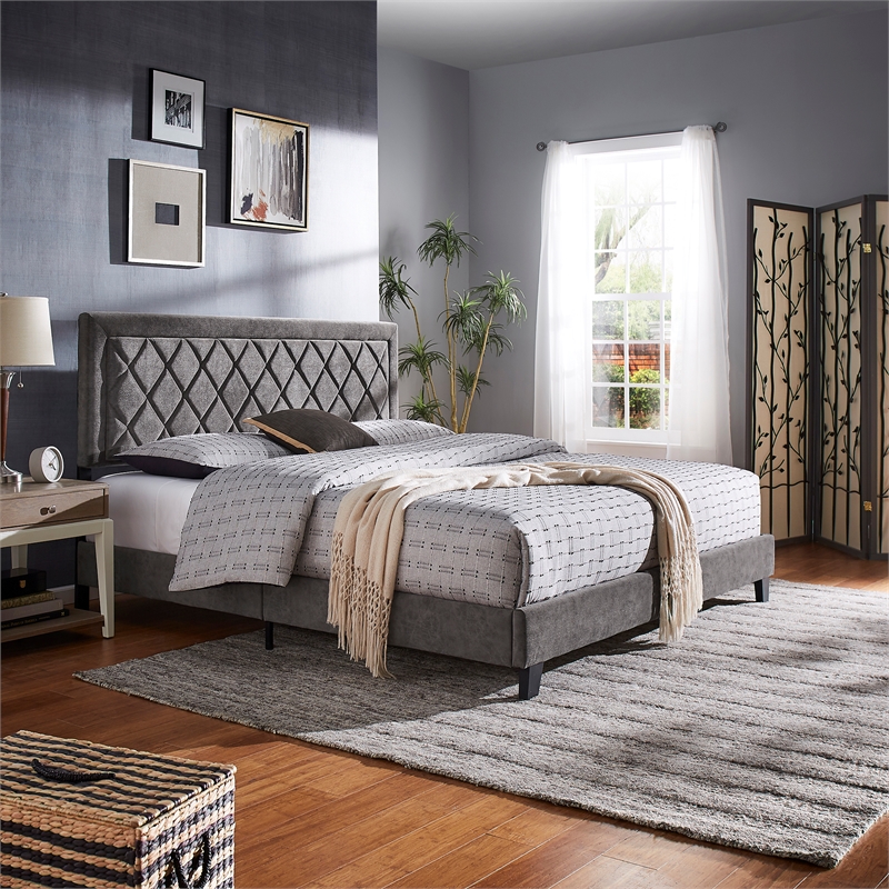 iNSPIRE Q King Size Metal Wood and Velvet Fabric Platform Bed in Gray