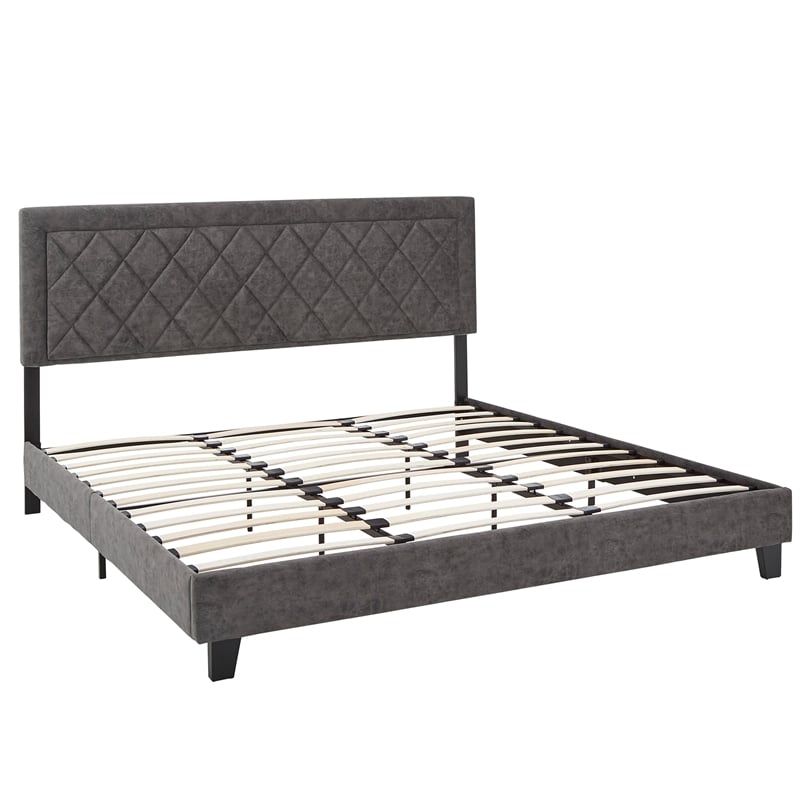 iNSPIRE Q King Size Metal Wood and Velvet Fabric Platform Bed in Gray