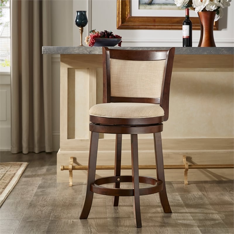 iNSPIRE Q Panel Back Linen Swivel Wood Counter Height Stool in Beige/Cherry
