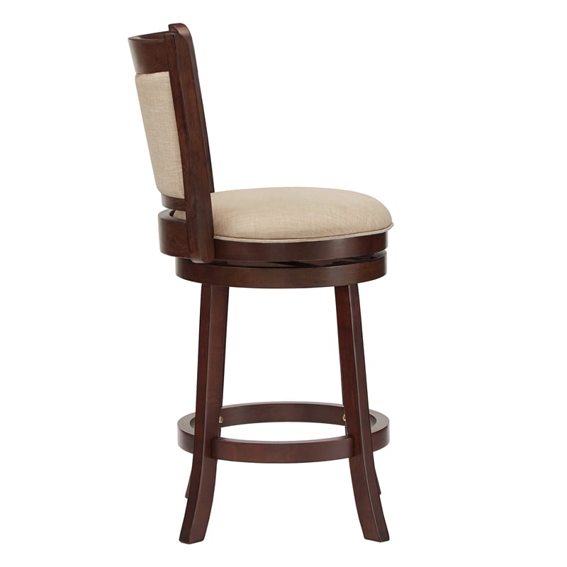 iNSPIRE Q Panel Back Linen Swivel Wood Counter Height Stool in Beige/Cherry