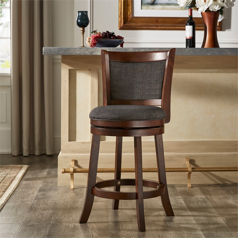 iNSPIRE Q Panel Back Linen Swivel Wood Counter Height Stool in Dark Grey/Cherry