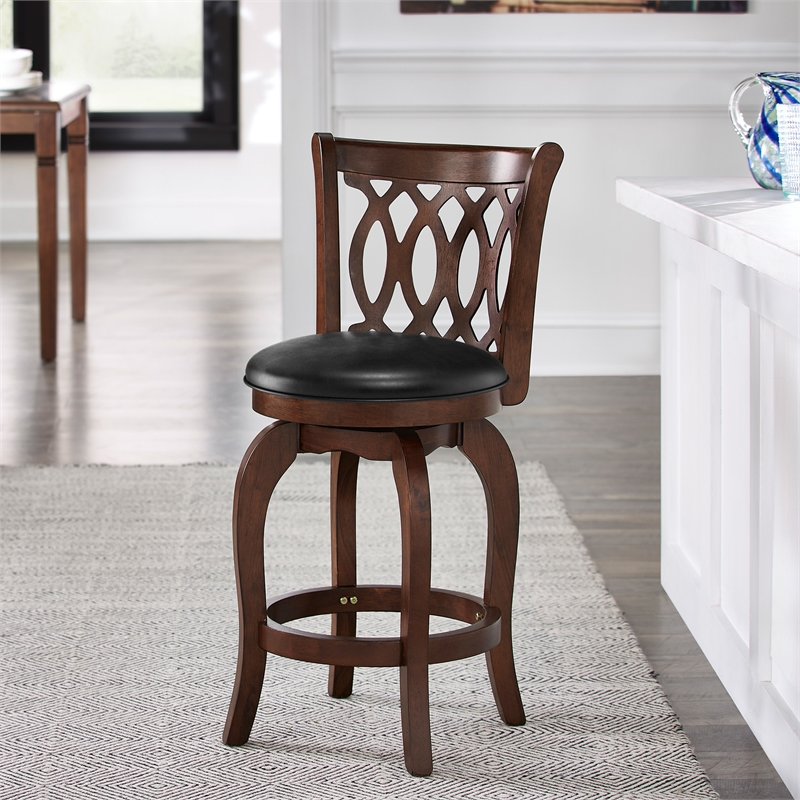 iNSPIRE Q Scroll Back PU Swivel Wood Counter Height Stool in Black/Cherry