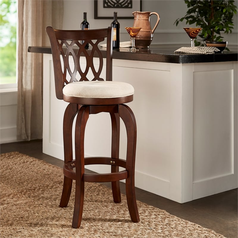 iNSPIRE Q Scroll Back Linen Swivel Wood Bar Stool in Beige/Cherry
