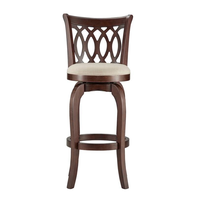 iNSPIRE Q Scroll Back Linen Swivel Wood Bar Stool in Beige/Cherry