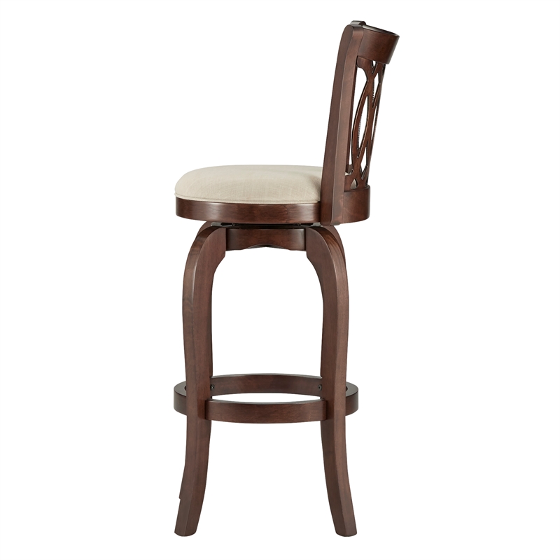 iNSPIRE Q Scroll Back Linen Swivel Wood Bar Stool in Beige/Cherry