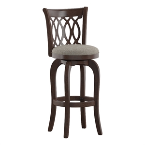 iNSPIRE Q Scroll Back Linen Swivel Wood Bar Stool in Gray/Cherry