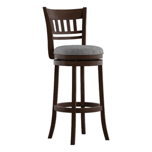 iNSPIRE Q Lattice Back Linen Swivel Wood Bar Stool in Gray/Dark Cherry
