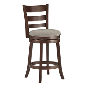 iNSPIRE Q Ladder Back Linen Swivel Wood Counter Height Stool in Gray/Dark Cherry