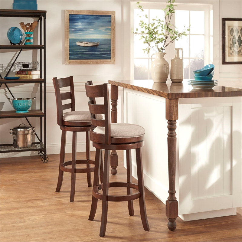 iNSPIRE Q Ladder Back Linen Swivel Wood Bar Stool in Gray/Dark Cherry